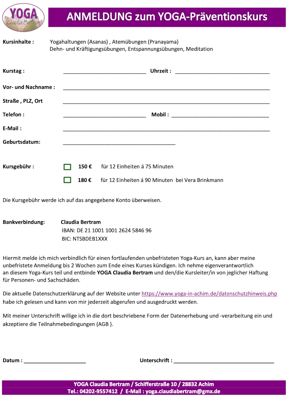 Anmeldung zum Hatha - Yoga Kurs